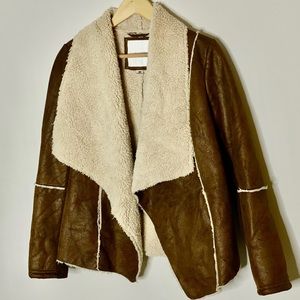 Dark brown faux fur shearling jacket with pockets